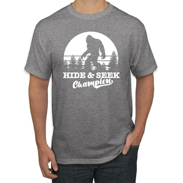 New Men's Bigfoot Hide & Seek Champion Black T Shirt Sasquatch Forest Beast Camp